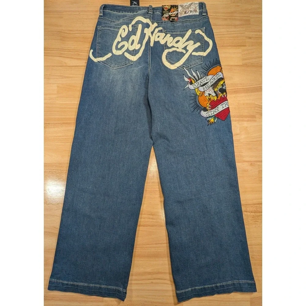 Ed Hardy Mens 32 Wide Leg Embroidered Jeans Medium Vintage Blue NEW